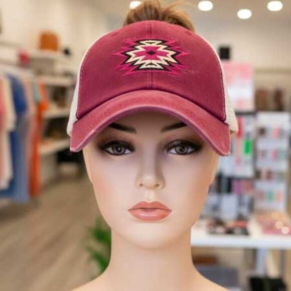 2/$30 Ladies Pink Red Aztec Distressed Ponytail Baseball Trucker Hat - Picture 2 of 4